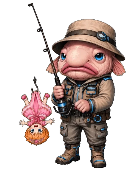 A blobfish in a fishing hat and vest, holding a rod with Princess Trina dangling from the hook